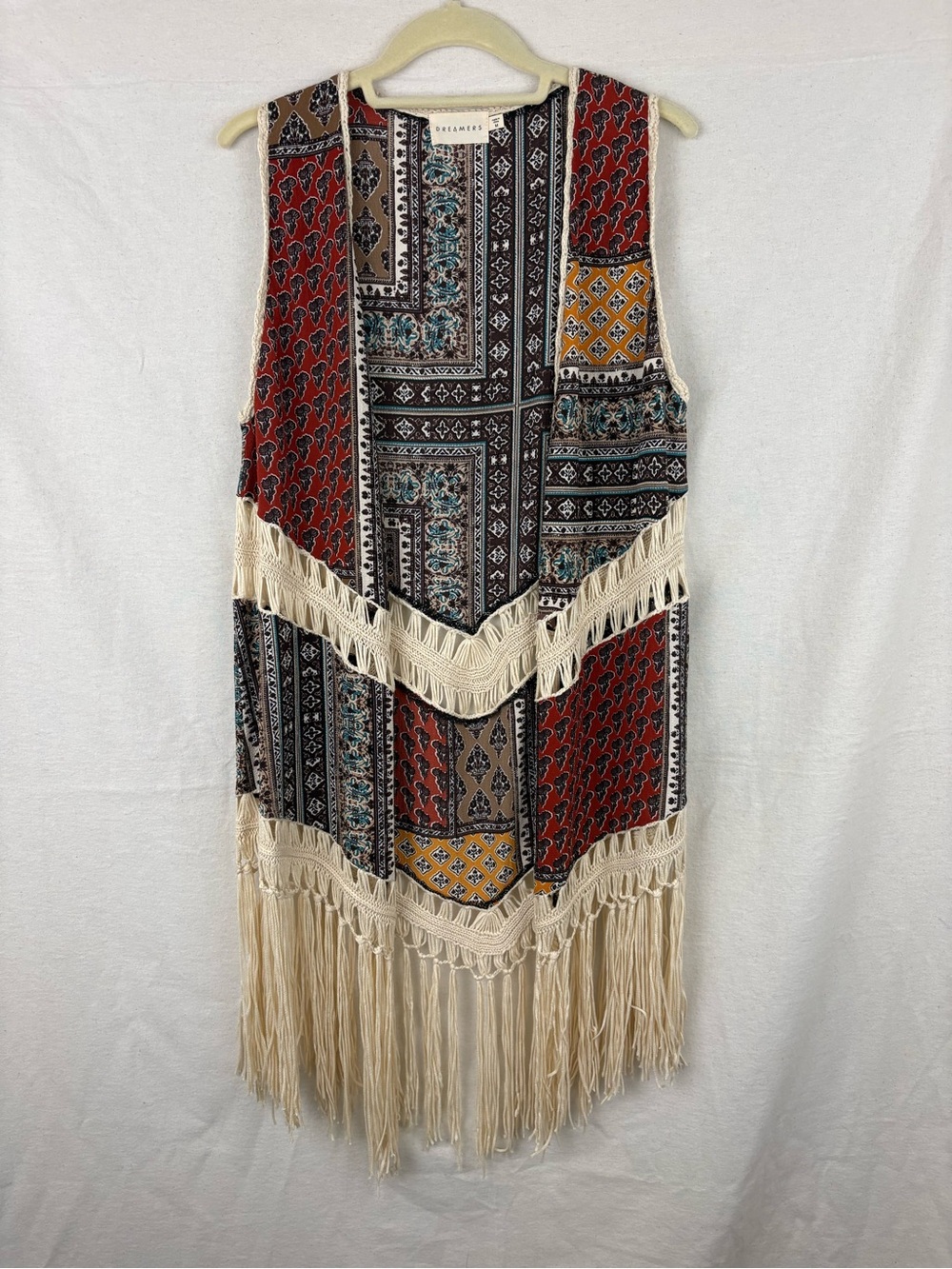Dreamers Patchwork MEDIUM Sleeveless Fringe Boho Vest in Red, Brown & Cream